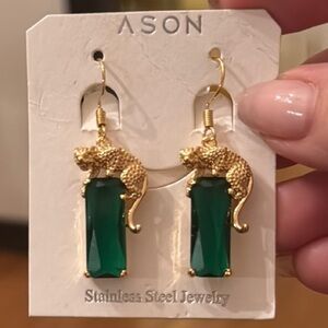 Emerald Green and Gold Drop Earrings Stainless Streal Jewlery